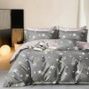 Lenjerie de pat dublu percale, 6 piese, bumbac 100%, model cosmic pe fundal gri, cearceaf simplu gri.