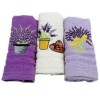 Set 3 prosoape bucatarie bumbac 100% cu broderie lavanda, culori mov și alb