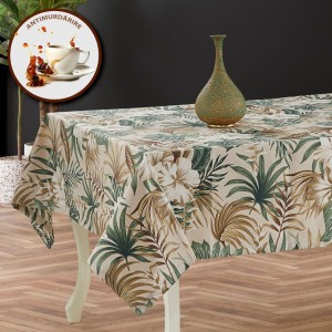 Fata de masa teflonata din bumbac, rotunda, diametru 140 cm, tropical bej-verde, decor elegant pentru mese rotunde