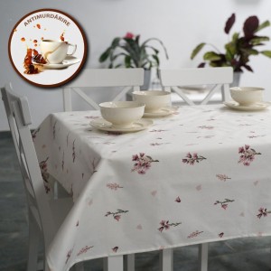 Fata de masa rotunda 180 cm, bumbac teflonat, model floral delicat, antimurdarie