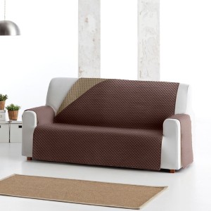 Husă matlasată reversibilă pentru canapea cu două locuri, în culori maro și bej, design elegant și protecție pentru mobilier.