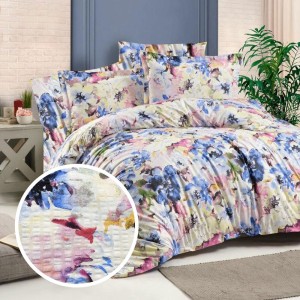 Lenjerie de pat pentru o persoana cu model floral multicolor, material bumbac creponat, set 3 piese.