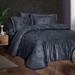 Lenjerie de pat Midas Bleumarin, din jacquard satin de lux, cu imprimeu festiv de fulgi si reni, 6 piese