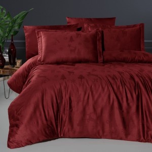 Lenjerie de pat Midas Bordo, din jacquard satin de lux, cu imprimeu festiv de fulgi si reni, 6 piese