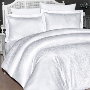Lenjerie pat dublu Misra albă baroc, design baroc, Jacquard Satin, pat de lux