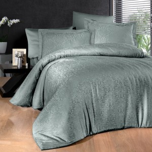 Lenjerie de pat bumbac satin verde închis cu 6 piese, design elegant cu model floral și detalii texturate, tesatura jacquard, material de calitate superioară.