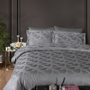 Lenjerie de pat jacquard satin gri cu 6 piese, design elegant cu model floral și detalii texturate, material de calitate superioară.