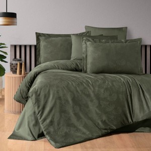 Lenjerie de pat jacquard satin verde închis cu 6 piese, design elegant cu model floral și detalii texturate, material de calitate superioară.