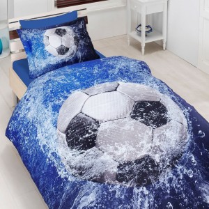 Lenjerie de pat Desire cu design 3D fotbal, fundal albastru, 1 persoană, bumbac 100% satin de lux, ambalaj cadou