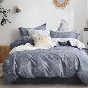 Lenjerie de pat 1 persoana bumbac 100%, flori mici, percale, cearceaf plat gri deschis