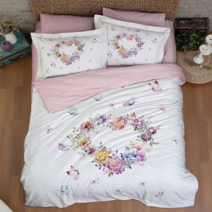 Lenjerie de pat Misty cu imprimeu flori și fluturi, design 3D colorat, 6 piese, bumbac 100% satin de lux, ambalaj cadou