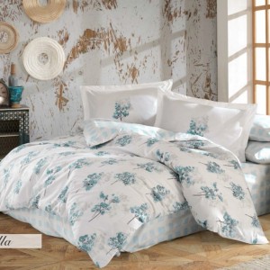 Lenjerie de pat Poplin Percale Trella Turquoise, bumbac 100%, cu imprimeuri de copaci turcoaz, cearșaf pilotă, cearșaf pat, fețe de pernă, design modern