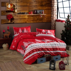 Lenjerie de pat bumbac 100% ranforce, Pucioasa, design festiv Crăciun roșu-alb-gri - Nadal