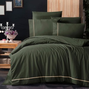 Lenjerie de pat bumbac ranforce de lux Alisa verde închis cu detalii crem, set 6 piese, model elegant de la First Choice