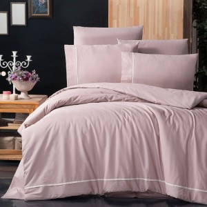Lenjerie de pat bumbac ranforce de lux Alisa roz pudrat cu detalii albe, set 6 piese, model elegant de la First Choice
