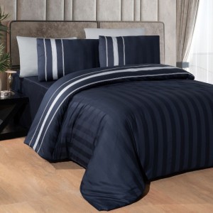 Lenjerie de pat din bumbac satin, 6 piese, model Artwel, albastru închis, gri argintiu, design cu dungi