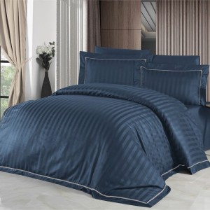 Lenjerie de pat din bumbac satin, 6 piese, model Novel Line, albastru închis, design cu dungi și margini albe