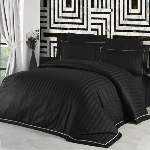 Lenjerie de pat din bumbac satin, 6 piese, model Novel Line, negru, design cu dungi și margini chenar