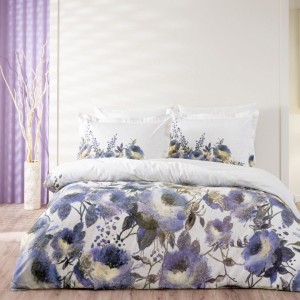 Lenjerie de pat cu flori de anemone în nuante de albastru pe fundal gri, model La Folia