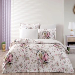 Lenjerie de pat cu flori delicate în nuanțe de roz, verde și galben pe fundal bej, model Clarette