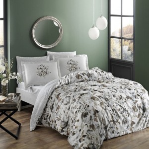 Lenjerie de pat bumbac satinat Camilla Maro cu imprimeu floral elegant în nuanțe de maro și gri