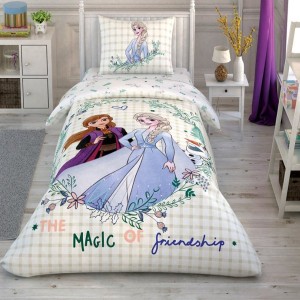 Lenjerie de pat Disney Frozen Magic of Friendship, cu Elsa, Anna și Olaf, text The Magic of Friendship, design alb și verde, 3 piese, bumbac