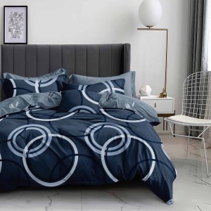 Lenjerie de pat dublu din finet cu elastic, model geometric cu cercuri albastre și gri pe fundal albastru închis, set 6 piese