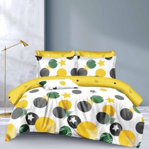 Lenjerie de pat dublu din finet cu elastic, model cu cercuri galbene, verzi și gri pe fundal alb, set 6 piese
