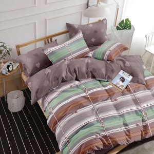 Lenjerie de pat dublu din finet cu elastic, model cu dungi multicolore verde, maro și gri pe fundal alb, set 6 piese