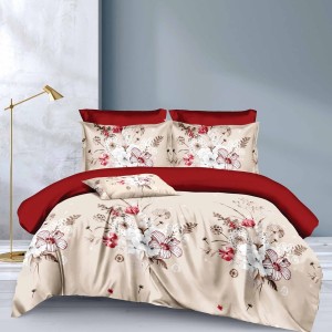 Lenjerie de pat dublu din finet cu elastic, model floral cu flori roșii, albe și bej pe fundal crem, set 6 piese