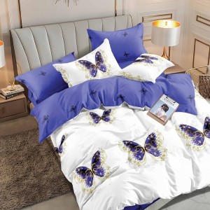 Lenjerie de pat dublu din finet cu elastic, model cu fluturi violet și auriu pe fundal alb, set 6 piese