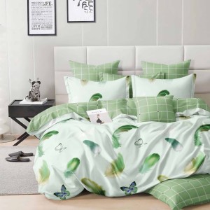 Lenjerie de pat dublu din finet cu elastic, model cu pene verzi și fluturi pe fundal alb-verzui, set 6 piese