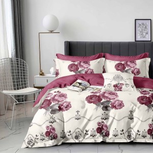Lenjerie de pat dublu din finet cu elastic, model floral cu trandafiri visinii și roz pe fundal crem, set 6 piese