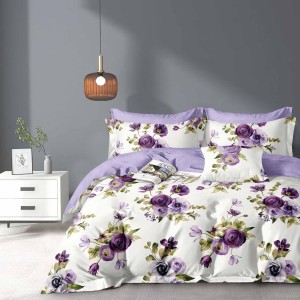 Lenjerie de pat dublu din finet cu elastic, model floral cu trandafiri mov și lila pe fundal alb, set 6 piese