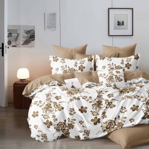 Lenjerie de pat dublu din finet cu elastic, model floral în nuanțe de maro pe fundal alb, set 6 piese