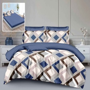 Lenjerie de pat dublu din finet cu elastic, model geometric albastru, maro și gri pe fundal alb, set 6 piese
