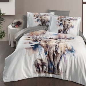 Lenjerie pat 3D bumbac satin de lux cu elefanti Safari, 6 piese, ambalaj cadou