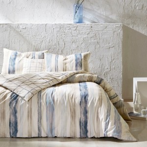 Lenjerie de pat dublu TAC Reborn Doris, bumbac 100%, dungi colorate, nuanțe bej și albastru