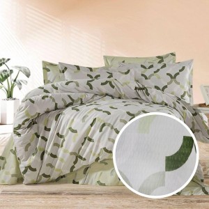 Lenjerie de pat dublu cu imprimeu geometric verde si alb, din bumbac 100% creponat, set de 4 piese.