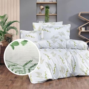 Lenjerie pat dublu creponata alba cu frunze verzi, bumbac 100%, cu elastic pentru saltea 180x200 cm.