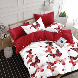Lenjerie de pat dublu din finet cu fluturi roșii și roz pe fundal alb, accente roșii și inimioare, set 6 piese, M351