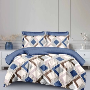 Lenjerie de pat dublu din finet cu model geometric în nuanțe de albastru și maro