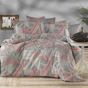 Lenjerie de pat dublu cu design geometric în gri, negru și roșu, set 4 piese