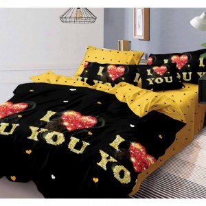 Lenjerie de pat dublu din finet, 6 piese, cu design romantic I Love You pe fundal negru și galben