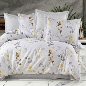 Lenjerie de pat dublu albă model floral cu galben, gri și maro, cearceaf pat gri, set 4 piese bumbac