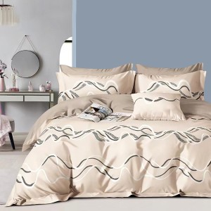 Lenjerie de pat dublu percale, 6 piese, bumbac 100%, linii ondulate gri, cearceaf simplu bej uni.