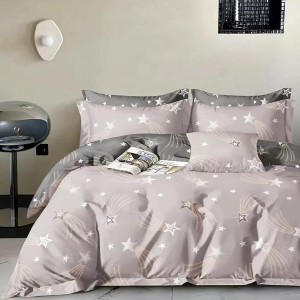 Lenjerie de pat dublu percale 6 piese, bumbac 100%, model astral, fundal gri, cearceaf simplu gri.