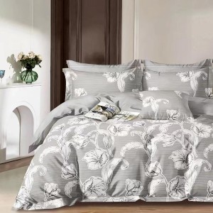 Lenjerie de pat dublu din bumbac percale 100%, model flori albe pe fundal gri