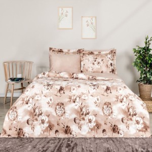Lenjerie de pat dublu Vesta din bumbac 100% satin cu imprimeu floral în nuanțe de maro