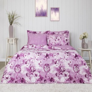Lenjerie de pat dublu Vesta din bumbac 100% satin cu imprimeu floral în nuanțe de lila